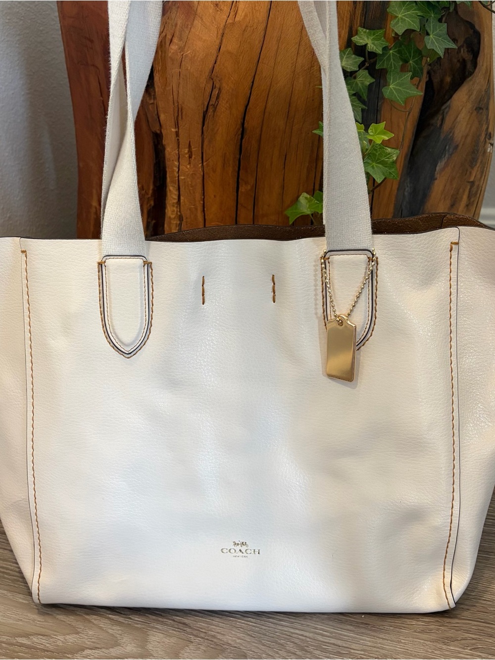 Coach Derby Tote Cream Pebble Leather Tote with Coach Gold Tag